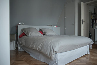 Design ideas for a mid-sized contemporary bedroom in Paris with grey walls, light hardwood floors and no fireplace.
