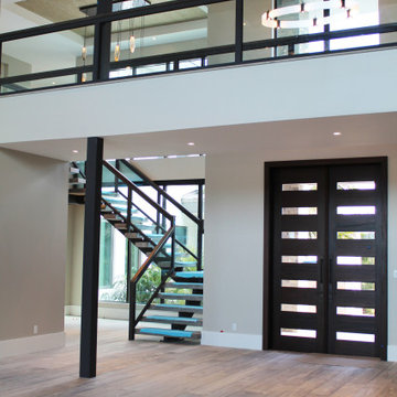 Steel Center Stringer with 4" Thick White Oak Treads & Tempered Glass