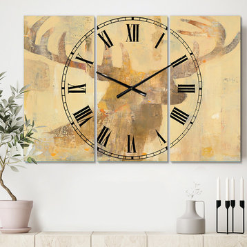 Golden Deer I Farmhouse 3 Panels Metal Clock