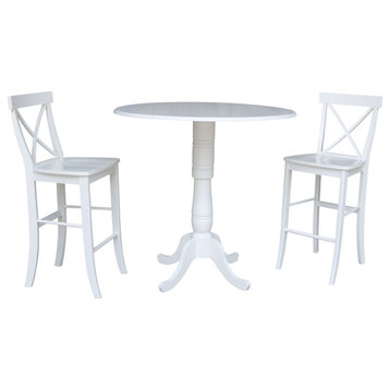 42" Round Pedestal Bar Height Table with 2 Bar Height Stools, White