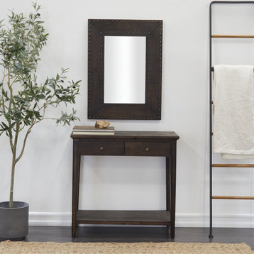 2 Pieces Console Table With Rivet Accented Wall Mirror & Storage Drawers, Brown