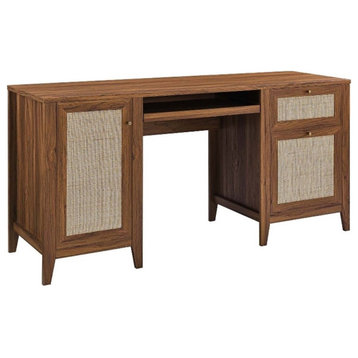 Modway Soma 63" Natural Rattan and MDF Wood Office Desk in Walnut