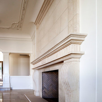White Carved Limestone Living Room Fireplace