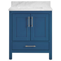 Kendall Blue Bathroom Vanity, 36", Vanity With Carrara Marble Top