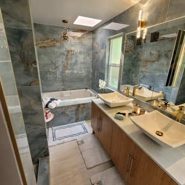 Bathroom Remodel; Huge Blue Tiles; Luxury shower and tub