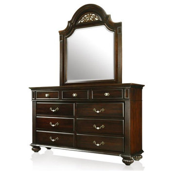 Furniture of America Damos 2-Piece Solid Wood Dresser and Mirror in Dark Walnut
