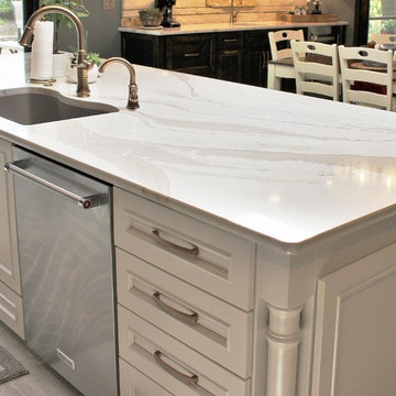 Rustic Alder Gray Stained Kitchen with White Hutch and Island