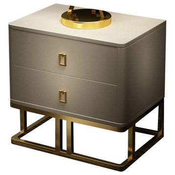 Modern Nightstand Faux Leather Upholstery with 2 Drawers in Gold, Yellow