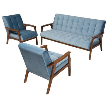 Westings Light Blue Velvet Fabric Walnut Wood 3-Piece Living Room Set