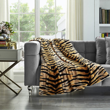 Cozy Tyme Cecelia Throw Printed Rabbit Fur, Tiger 100% Polyester 50"x60"
