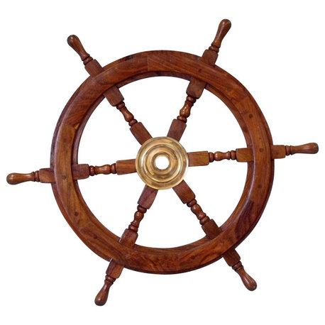 Decorative Ship Wheel, Brass and Wood, 24"