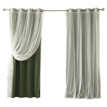 Tulle and Bronze Grommet Blackout Mix and Match Curtains, Moss, 84"