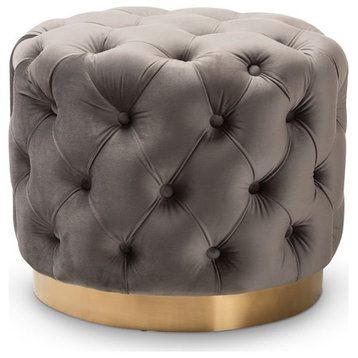 Bowery Hill Modern Tufted Velvet Ottoman in Gray and Gold