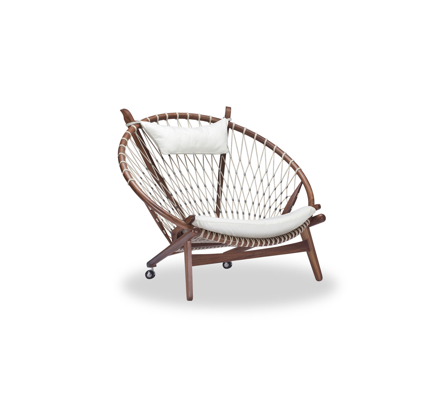 Circle Hoop Modern Lounge Chair, Genuine Italian Leather and Walnut, White