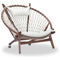 Circle Hoop Modern Lounge Chair, Genuine Italian Leather and Walnut, White