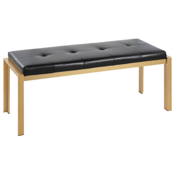 Fuji Contemporary Bench, Gold Metal/Black Faux Leather