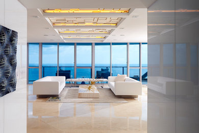 Inspiration for a large coastal formal and open concept marble floor living room remodel in Miami with white walls and a wall-mounted tv