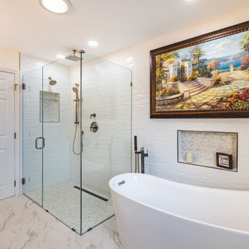 Master bathroom remodel in Ashburn, VA with walk in shower & double vanities