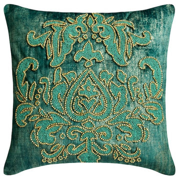 Teal Suede Damask Beaded & Embroidered 26"x26" Euro Sham - Aureate Teal