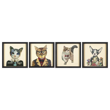 Cats Set Dimensional Collage Wall Art Framed Under Glass, Set of 4