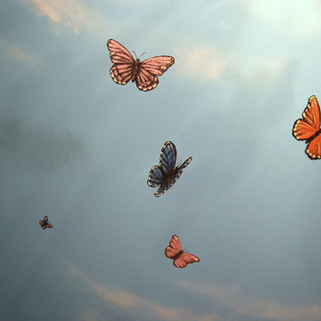 Sky Ceiling Mural with Butterflies, hand-painted in a bedroom by Mural Art LLC.