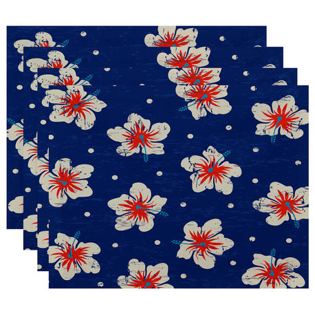 18"x14" Hibiscus Blooms, Floral Print Pacemat, Blue, Set of 4