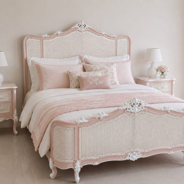 French Rococo Pink Cane Bed | Luxury Hand-Carved French Country Bedroom