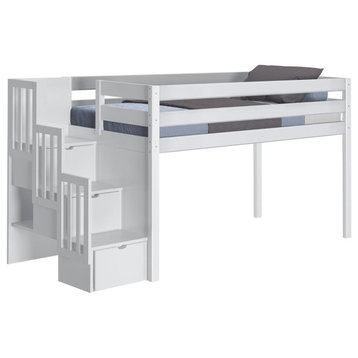 Contemporary Twin Size Loft Bed, Integrated Safety Rails With Stairway, White