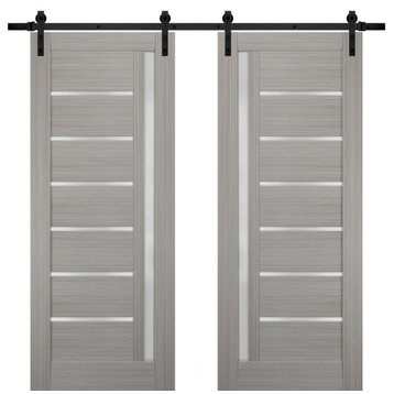 Double Barn Door 72 x 80 Frosted Glass, Quadro 4088 Grey Ash, 13FT