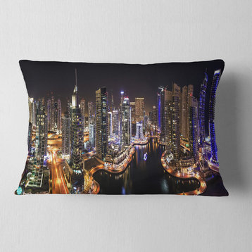 Dubai Marina View at Night Cityscape Throw Pillow, 12"x20"