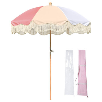 LAGarden 6 Ft Fringe Patio Umbrella Vintage 50s/60s Wood Pink,Model: PS6-12