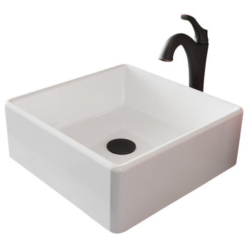Elavo Square Ceramic Vessel Sink, Bathroom Arlo Faucet, Drain, Oil Rubbed Bronze