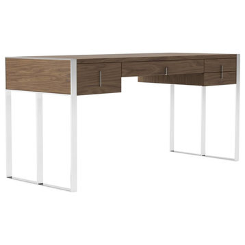 Modrest Orcutt 4-Drawer Modern MDF Wood & Stainless Steel Desk in Walnut