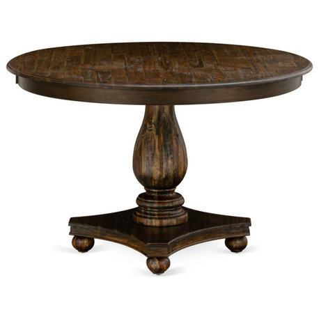 Round Dining Table, Rustic Rubberwood Table, Distressed Jacobean Finish, 48"