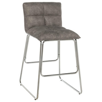 Set of 2 Counter Stool, Chrome Legs and Armless Tufted Weathered Light Gray Seat