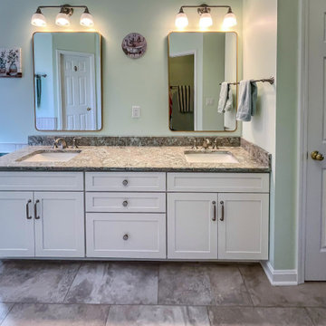 Primary Bathroom with Custom Corian and Tiled Shower, Tiled Tub Surround
