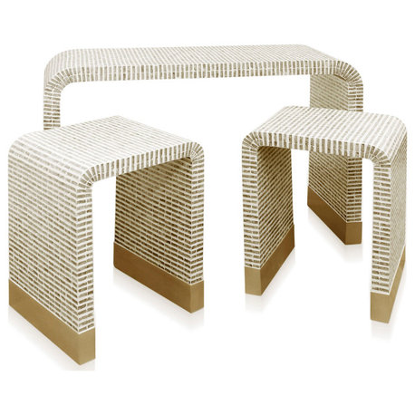 Nested Waterfall Tables Set of 3 Ivory, Taupe Mother of Pearl Mosaic