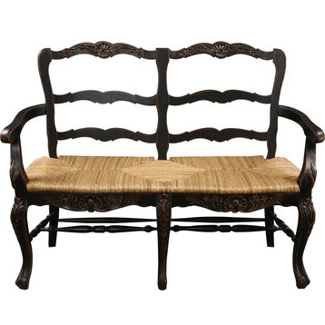 Settee French Country Farmhouse Blackwash Floral Wood Carving Hand