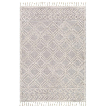 Bohemian Area Rug, Medium Gray Polyester & Cream Geometric Pattern, 6'7" X 9'