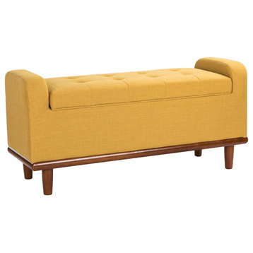 Upholstered Storage Bench with Solid Wood Legs&Tufted Design, Mustard