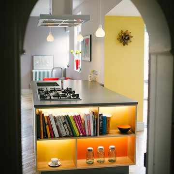 The Hadfields: Walnut Veneer & Green, Orange & Yellow Laminated Plywood Kitchen
