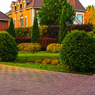 Cette image montre un jardin à la française avant traditionnel l'automne et de taille moyenne avec une exposition partiellement ombragée et des pavés en béton.
