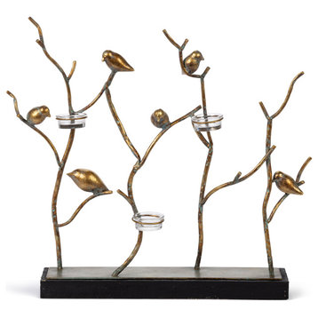 17.91" Metal and Wood Bird, Branches Tabletop Decor