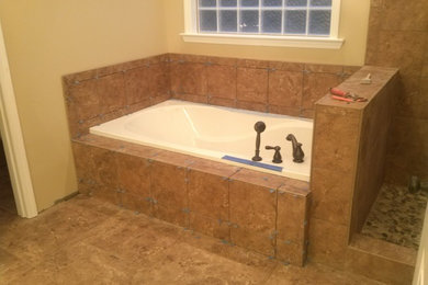Mid-sized minimalist master brown tile porcelain tile bathroom photo in Birmingham