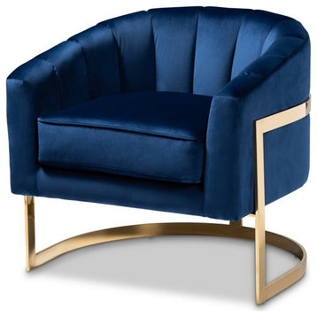 Bowery Hill 20.1" Mid-Century Velvet Channel Tufted Accent Chair in Blue/Gold