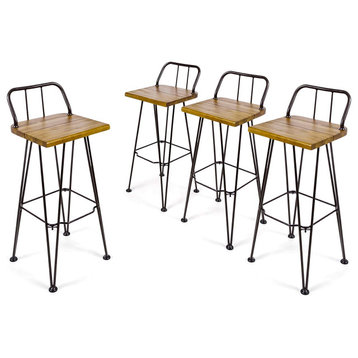 Set of 4 Patio Bar Stool, Metal Base With Acacia Wooden Seat and Low Backrest