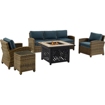Bradenton 5-Piece Outdoor Wicker Sofa Set and Fire Table, Navy