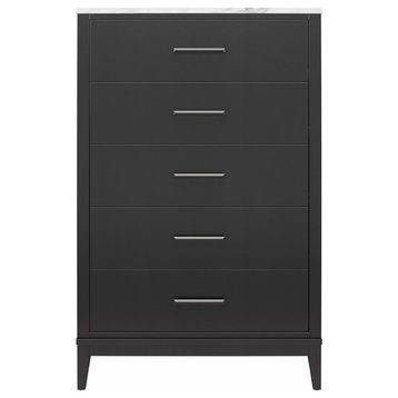 Contemporary Dresser, White Faux Marble Top & 5 Drawers With Metal Pulls, Black