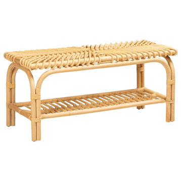Modern Dining Bench, Curled Rattan Top With Slatted Lower Shelf, Natural Brown