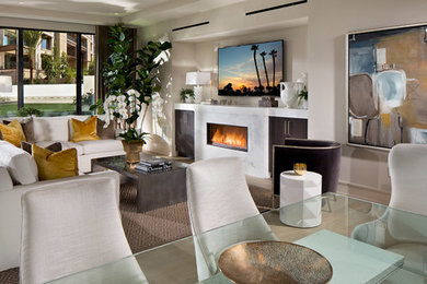 Example of a mid-sized trendy formal and open concept light wood floor and beige floor living room design in Orange County with beige walls, a ribbon fireplace, a tile fireplace and a wall-mounted tv